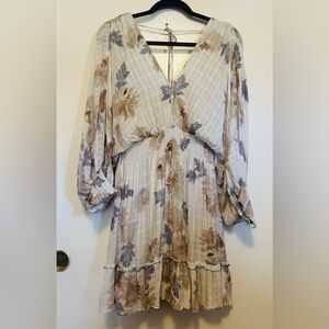 Lovestitch Floral Long Sleeve mini ruffle Dress with open back - Cream and Brown